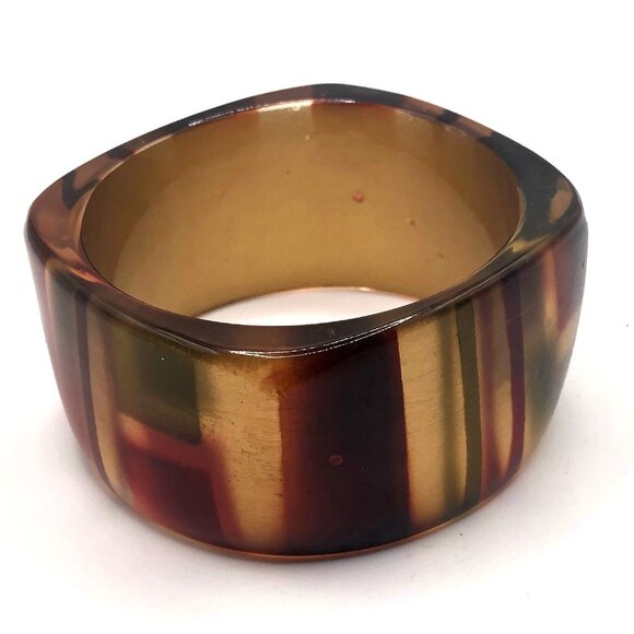 Chunky Striped Lucite Style Square Bangle Bracelet Amber Gold Burgundy Green - Picture 4 of 14